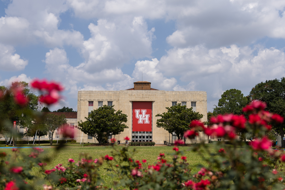 Ezekiel W. Cullen Building at the University of Houston, framed by flowers